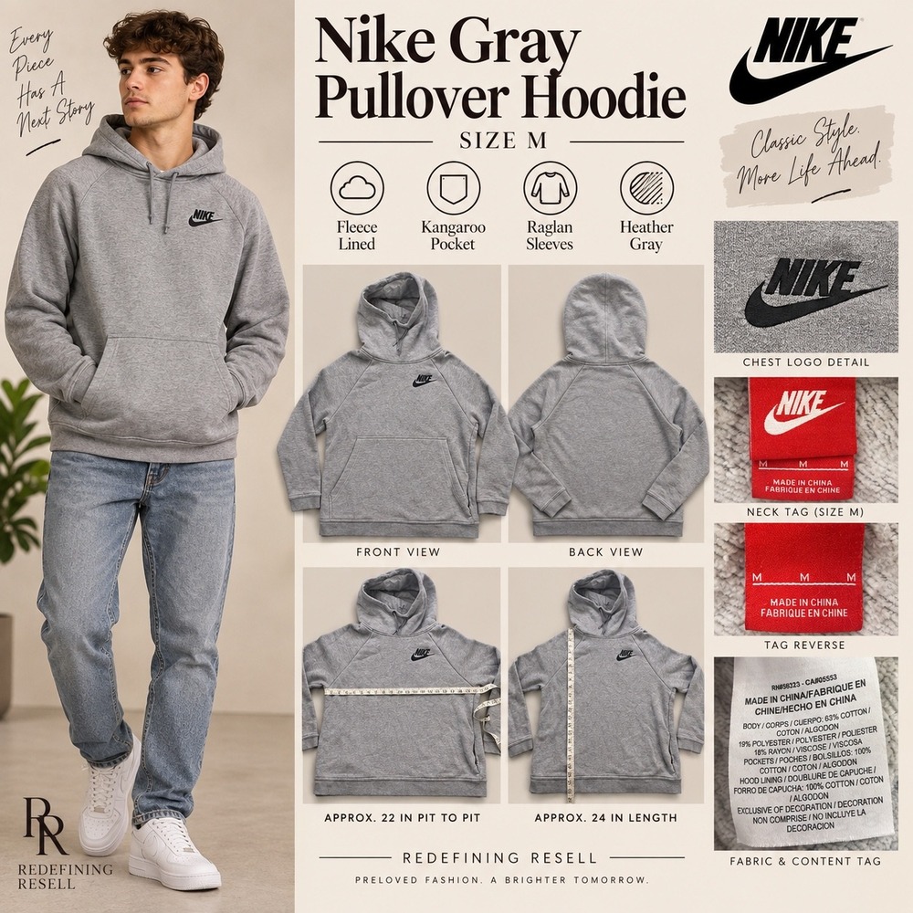 Nike Mens Gray Pullover Hoodie Fleece Lined Raglan Sleeve Size M CA05553